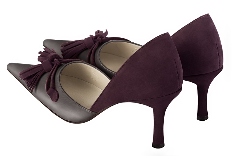 Taupe brown and wine red women's open arch dress pumps. Pointed toe. High slim heel. Rear view - Florence KOOIJMAN